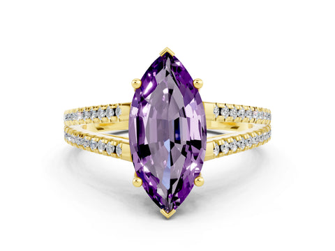 Yellow gold Marquise Cut Amethyst Solitaire Engagement Ring with Split Shank Pavé Band