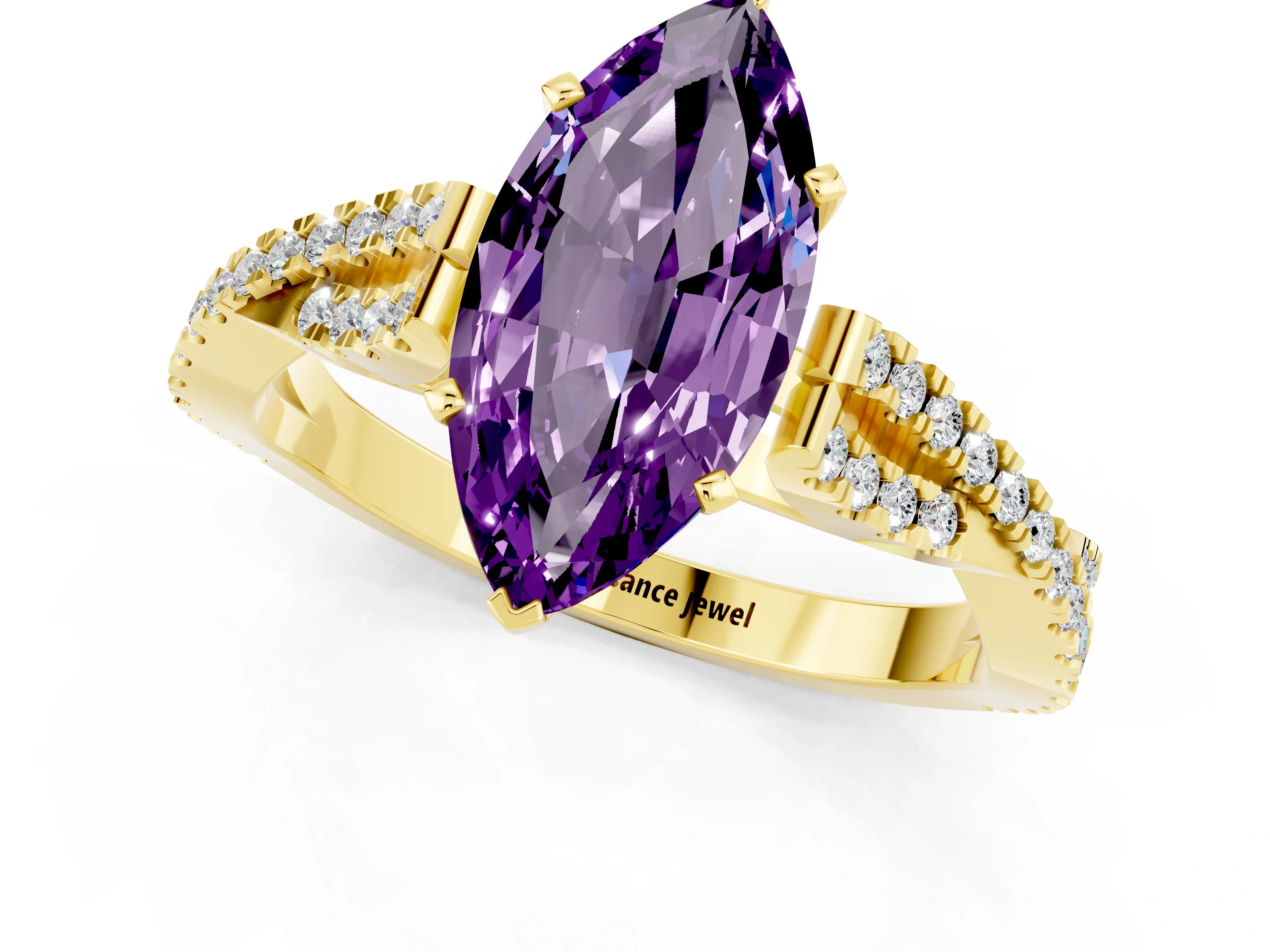 Yellow gold Marquise Cut Amethyst Solitaire Engagement Ring with Twisted Pavé Band and Four-Prong Setting_1