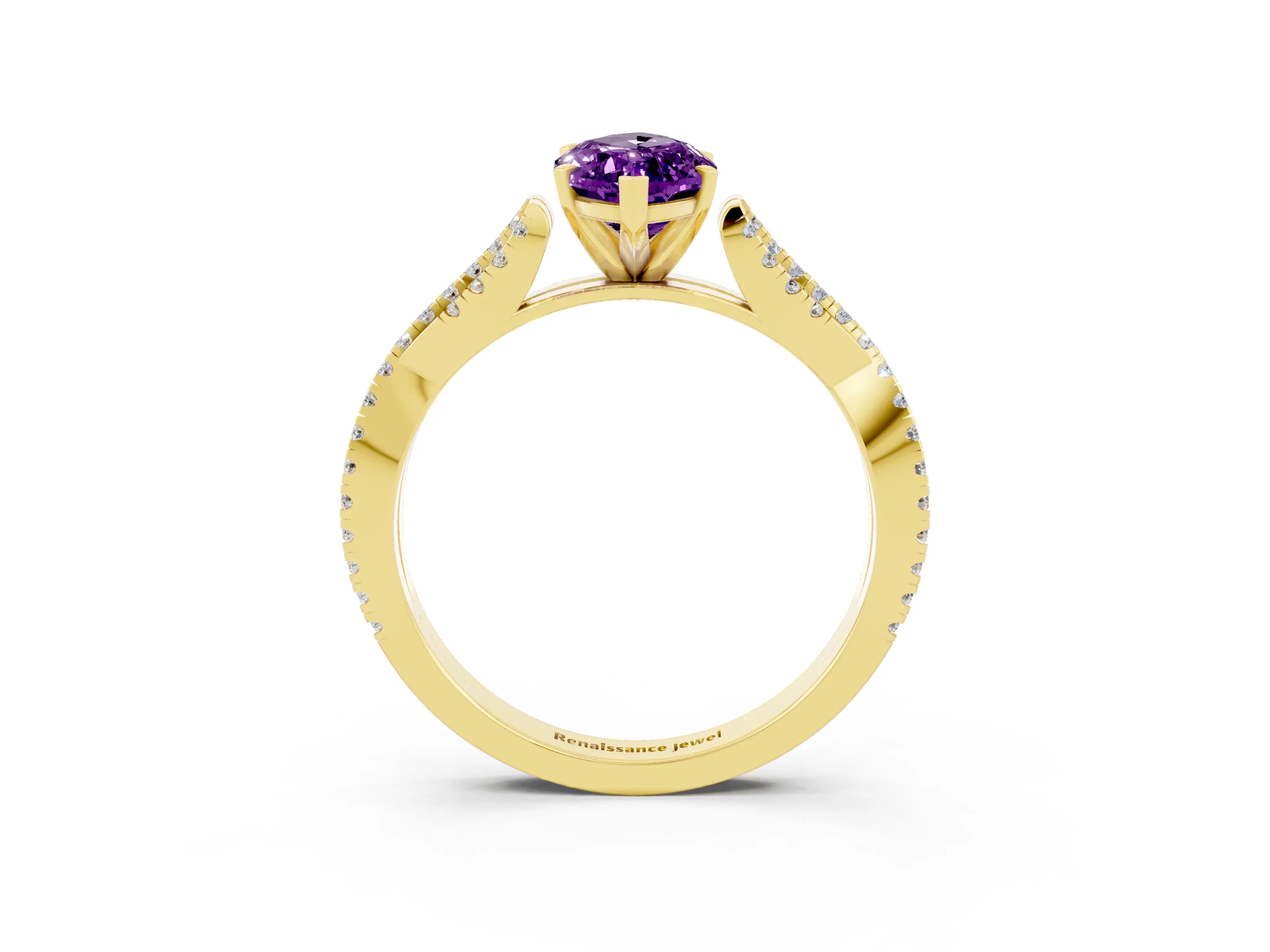 Yellow gold Marquise Cut Amethyst Solitaire Engagement Ring with Twisted Pavé Band and Four-Prong Setting_3