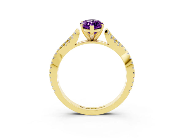 Yellow gold Marquise Cut Amethyst Solitaire Engagement Ring with Twisted Pavé Band and Four-Prong Setting