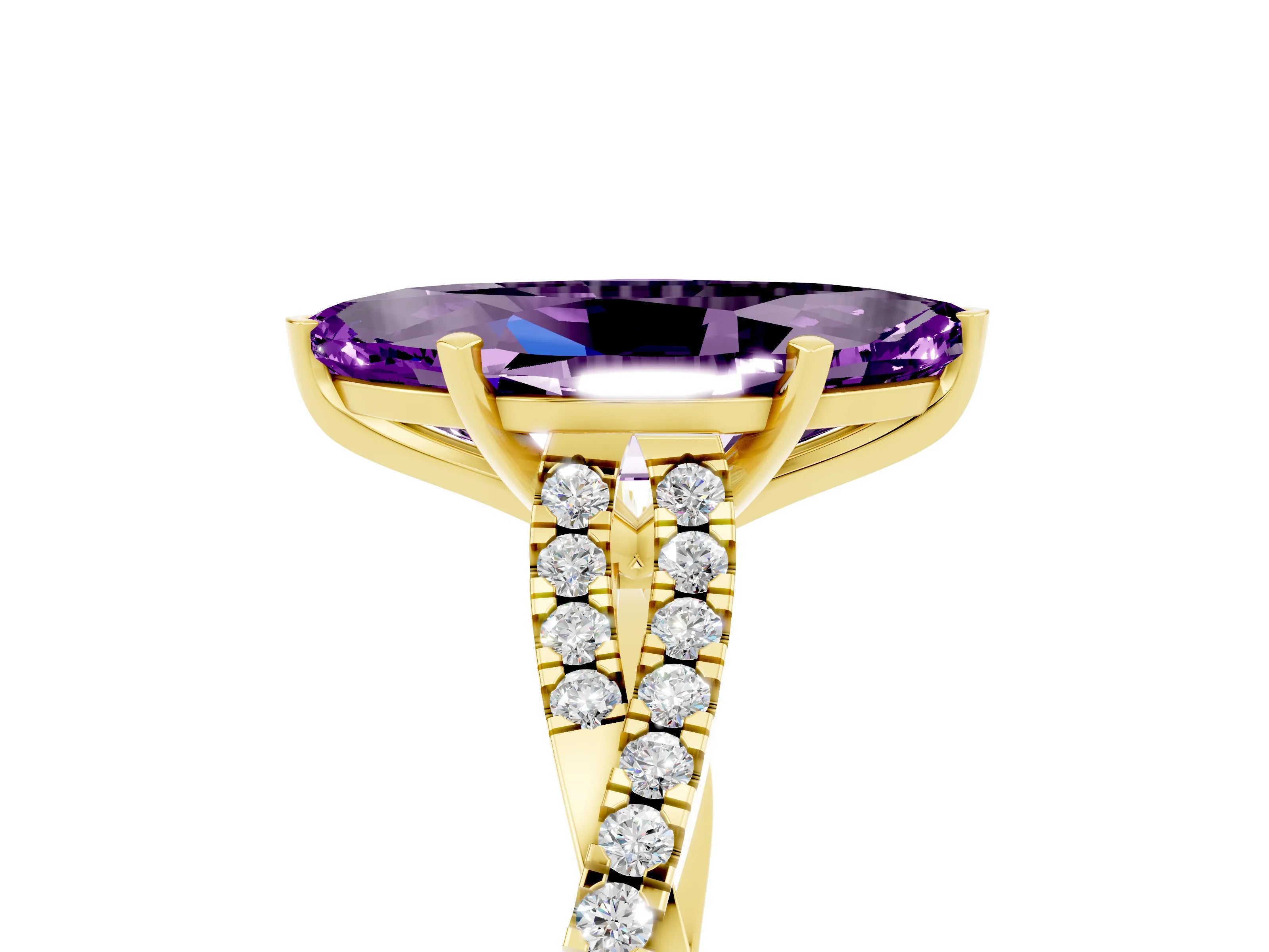 Yellow gold Marquise Cut Amethyst Solitaire Engagement Ring with Twisted Pavé Band and Four-Prong Setting_5