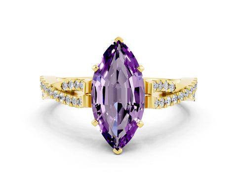 Yellow gold Marquise Cut Amethyst Solitaire Engagement Ring with Twisted Pavé Band and Four-Prong Setting