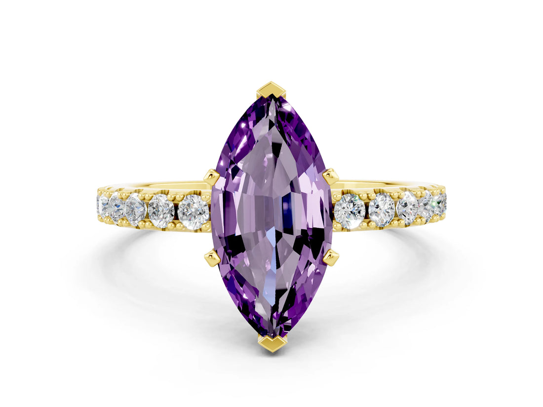 Yellow gold Marquise Cut Amethyst Solitaire Pavé Band with Four-Prong Setting