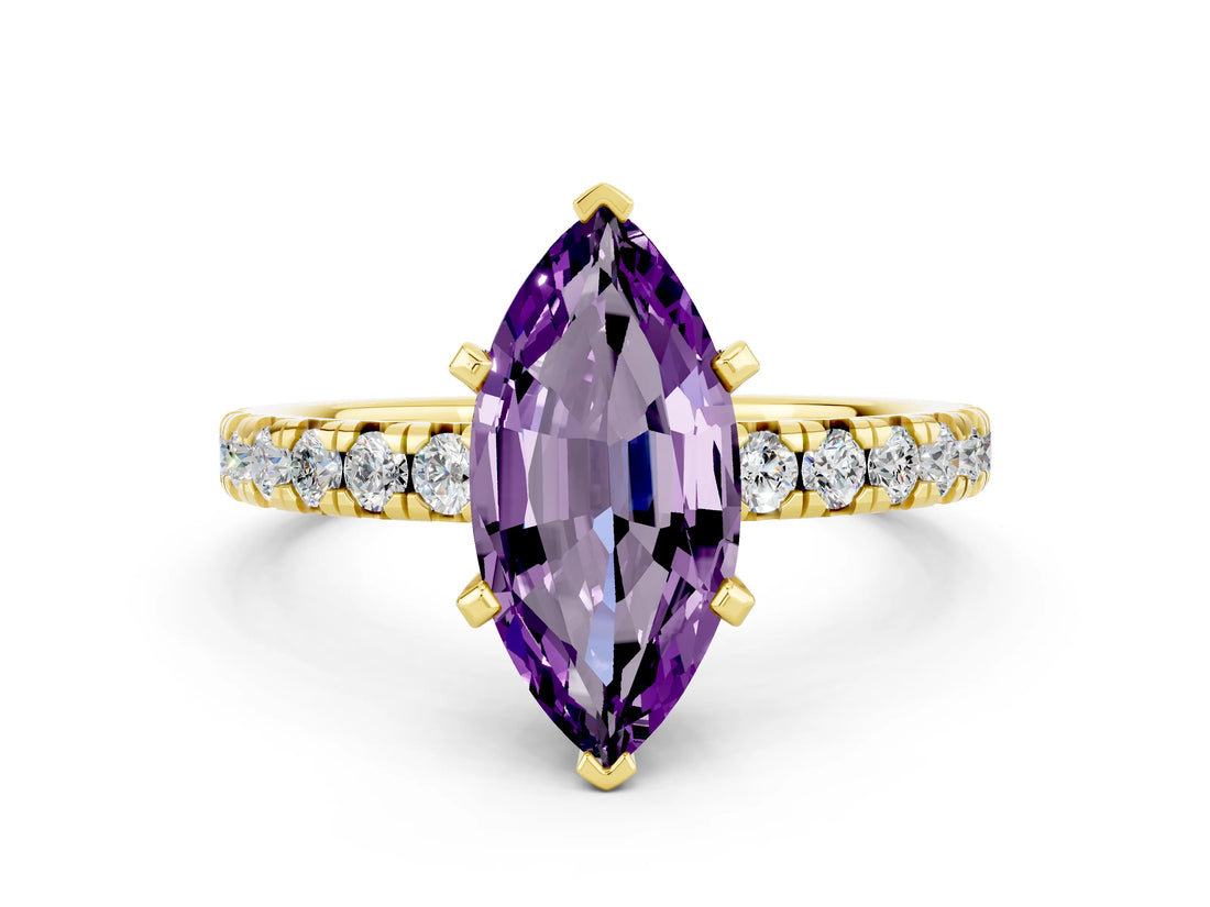 Yellow gold Marquise Cut Amethyst Solitaire Pavé Engagement Ring with Round Band and Prong Setting_72