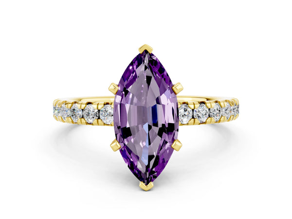 Yellow gold Marquise Cut Amethyst Solitaire Pavé Engagement Ring with Round Band and Prong Setting