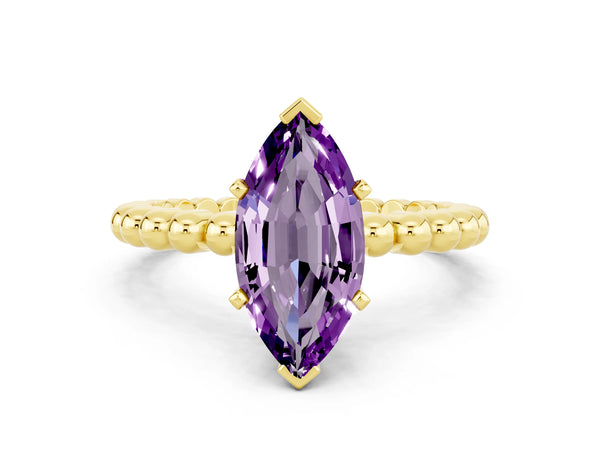 Yellow gold Marquise Cut Amethyst Solitaire Ring with Beaded Band and Prong Setting