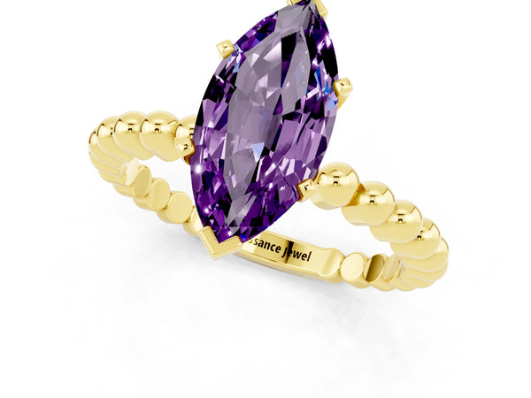 Yellow gold Marquise Cut Amethyst Solitaire Ring with Beaded Band and Prong Setting