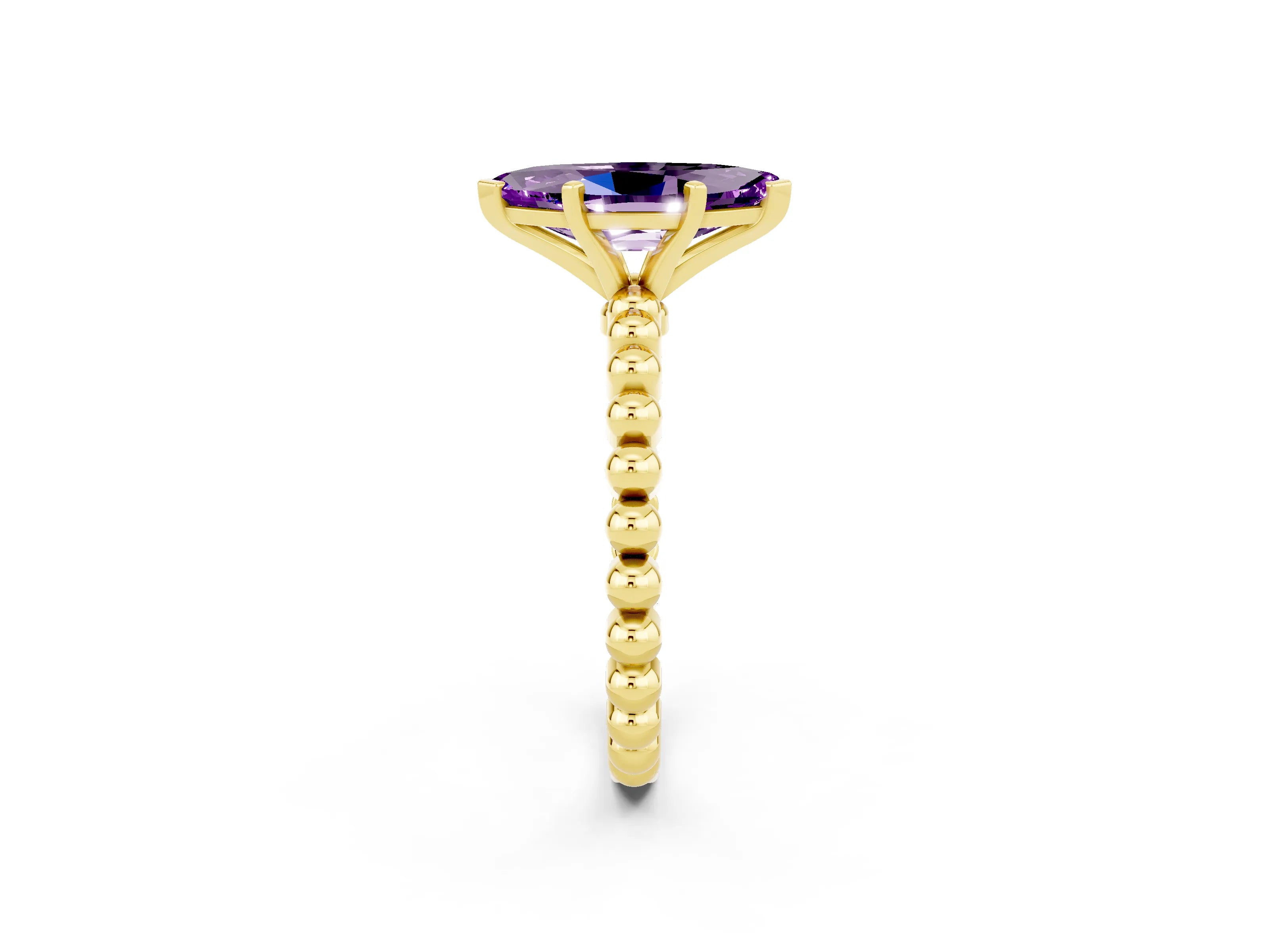 Yellow gold Marquise Cut Amethyst Solitaire Ring with Beaded Band and Prong Setting_2