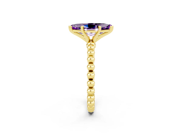 Yellow gold Marquise Cut Amethyst Solitaire Ring with Beaded Band and Prong Setting