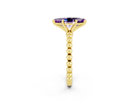Yellow gold Marquise Cut Amethyst Solitaire Ring with Beaded Band and Prong Setting_2
