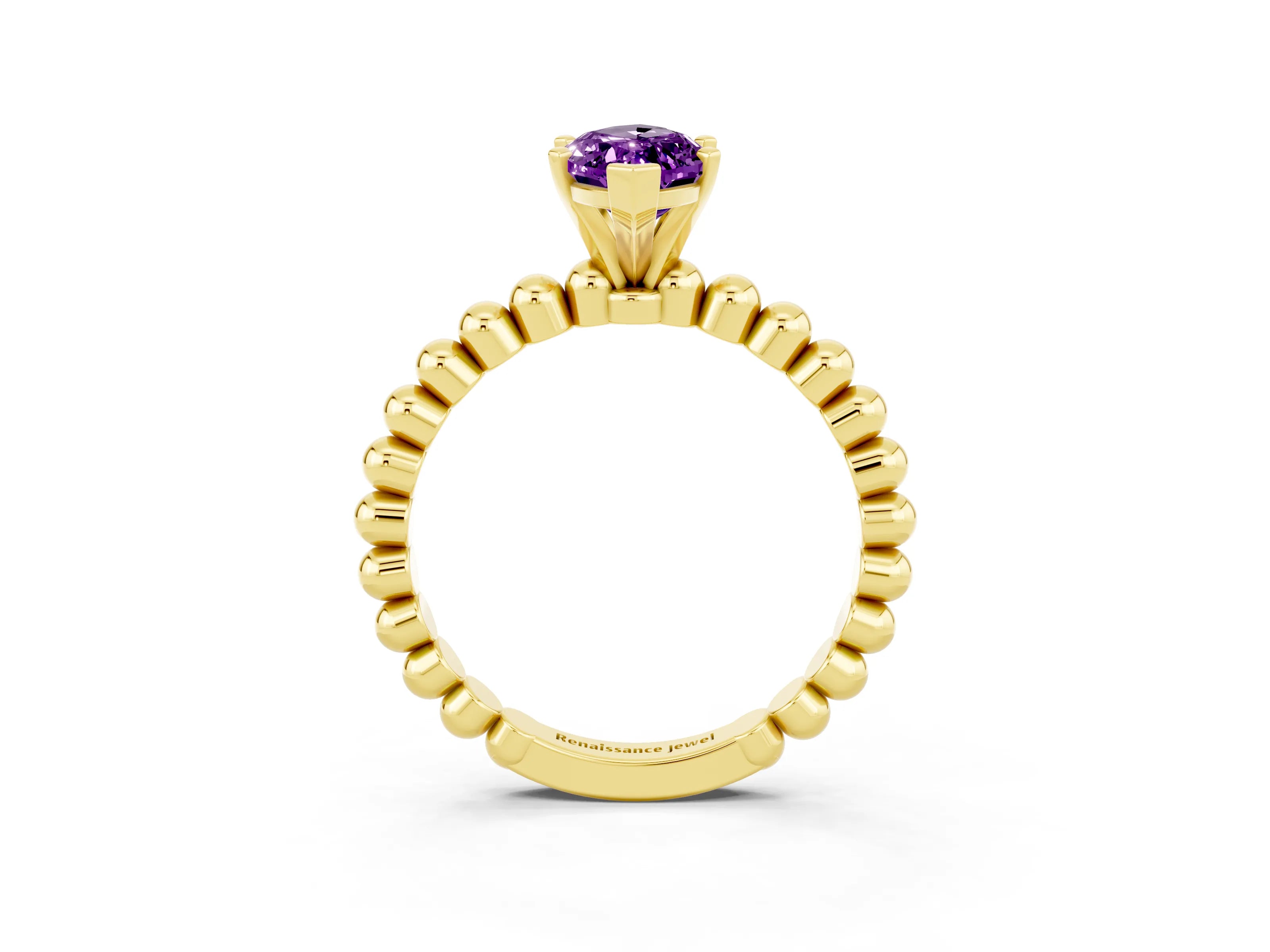 Yellow gold Marquise Cut Amethyst Solitaire Ring with Beaded Band and Prong Setting_3