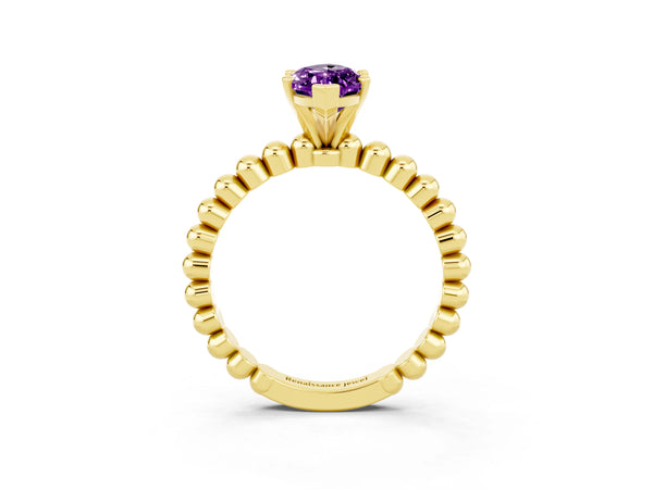 Yellow gold Marquise Cut Amethyst Solitaire Ring with Beaded Band and Prong Setting