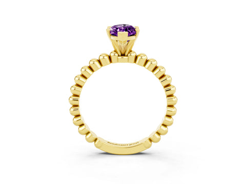 Yellow gold Marquise Cut Amethyst Solitaire Ring with Beaded Band and Prong Setting_3