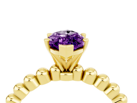 Yellow gold Marquise Cut Amethyst Solitaire Ring with Beaded Band and Prong Setting_4
