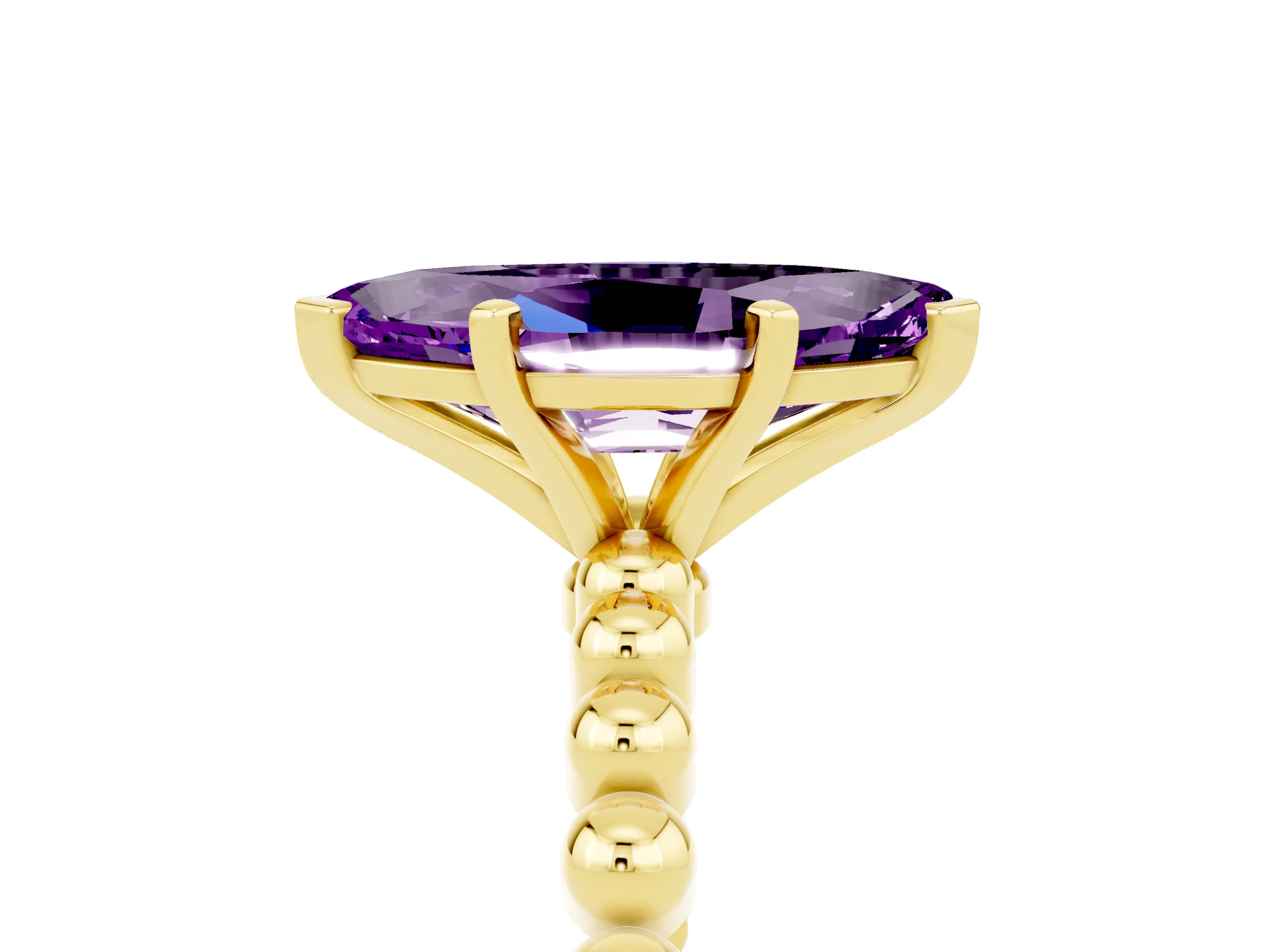 Yellow gold Marquise Cut Amethyst Solitaire Ring with Beaded Band and Prong Setting_5
