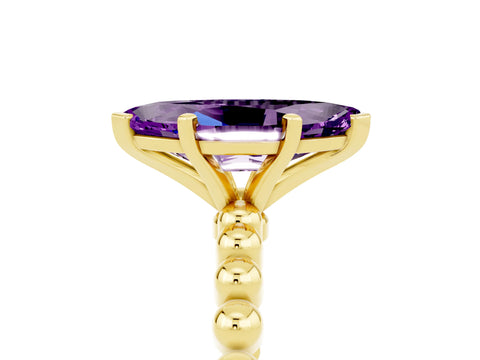 Yellow gold Marquise Cut Amethyst Solitaire Ring with Beaded Band and Prong Setting_5