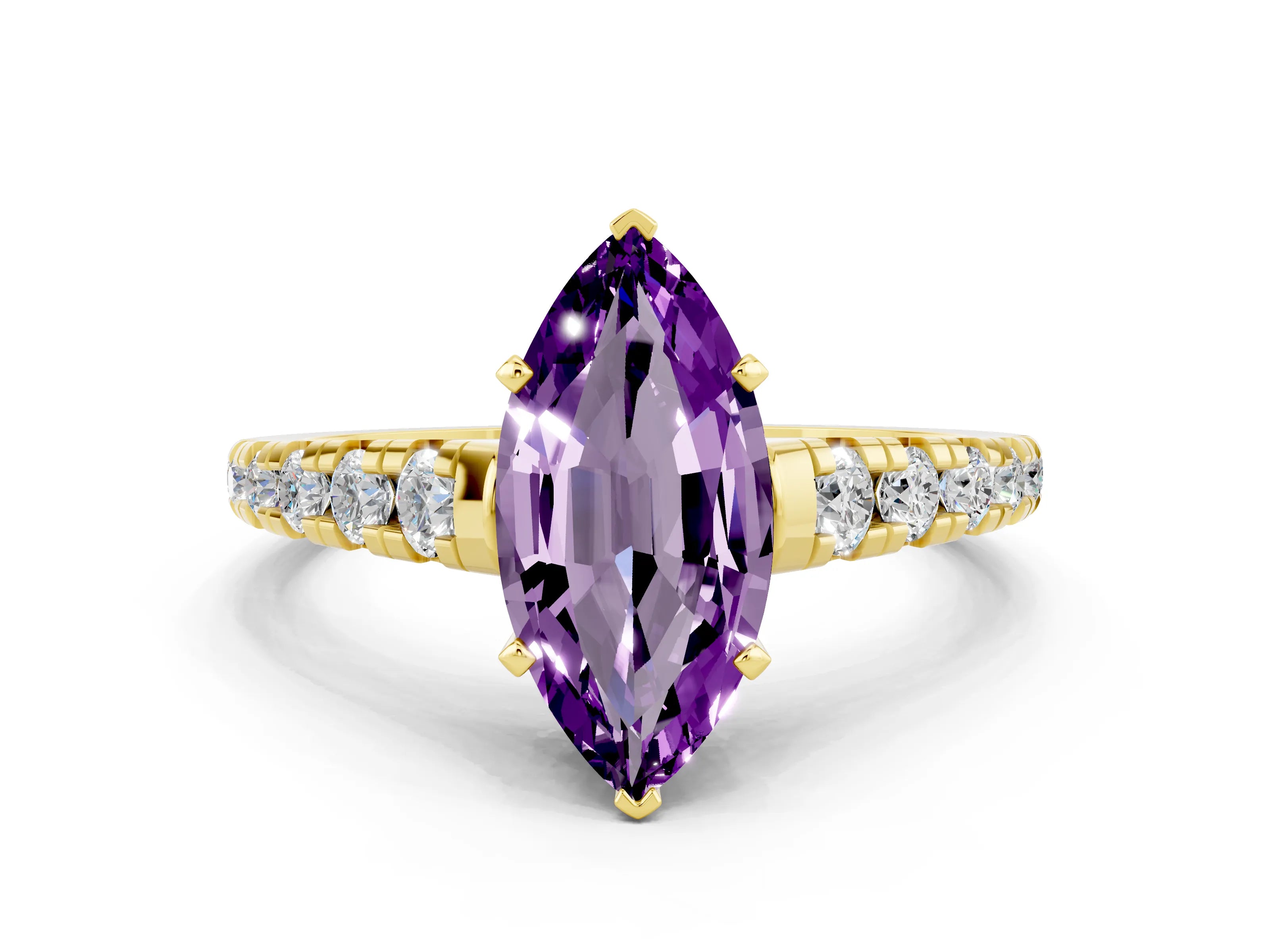 Yellow gold Marquise Cut Amethyst Solitaire Ring with Cathedral Setting and Pavé Band