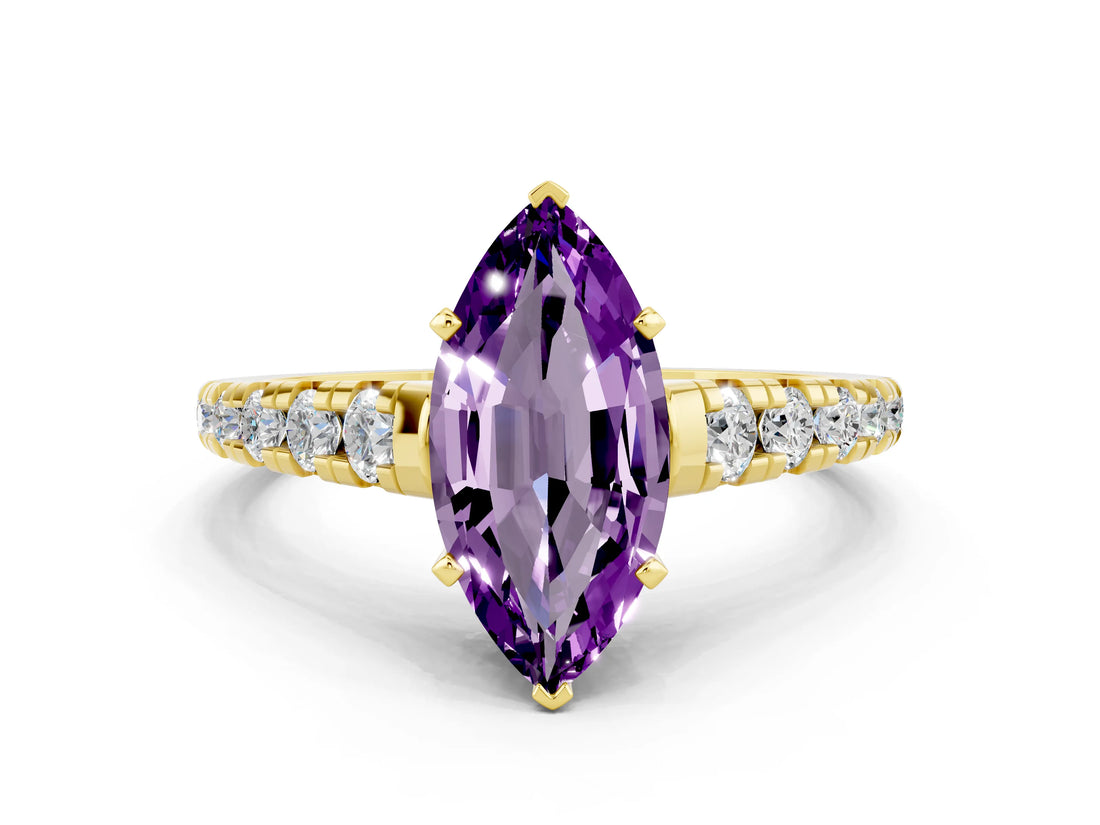 Yellow gold Marquise Cut Amethyst Solitaire Ring with Cathedral Setting and Pavé Band