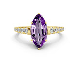 Yellow gold Marquise Cut Amethyst Solitaire Ring with Cathedral Setting and Pavé Band