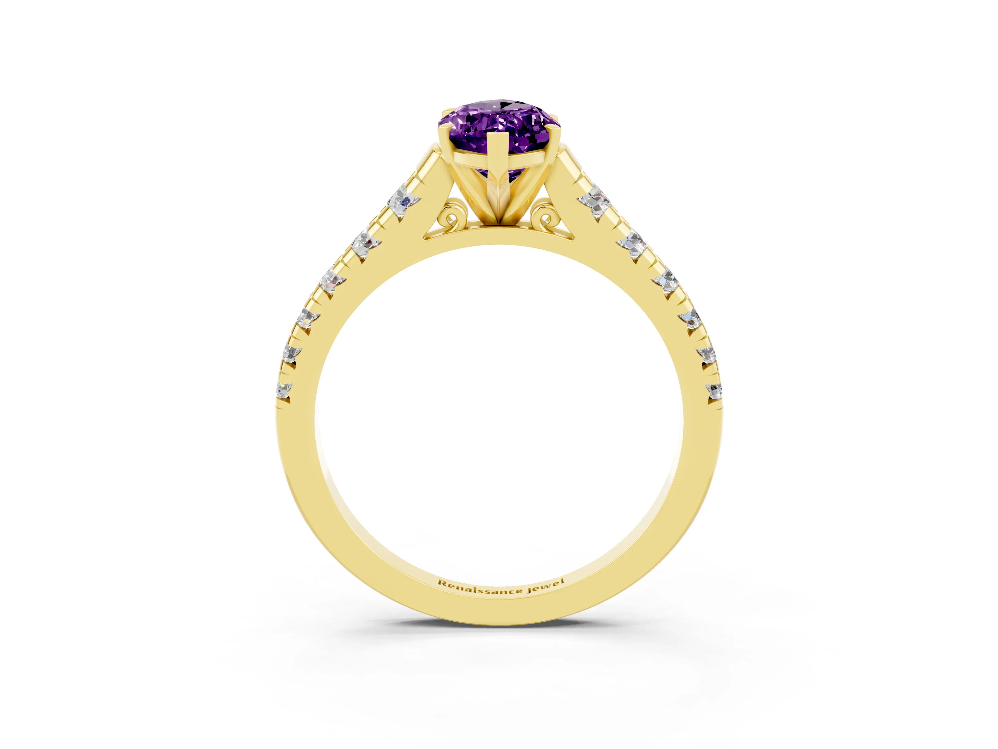 Yellow gold Marquise Cut Amethyst Solitaire Ring with Cathedral Setting and Pavé Band_3