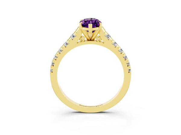 Yellow gold Marquise Cut Amethyst Cathedral Solitaire Ring with Round  Pavé Band
