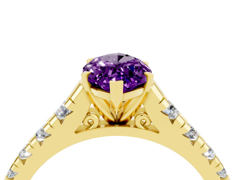 Yellow gold Marquise Cut Amethyst Solitaire Ring with Cathedral Setting and Pavé Band_4
