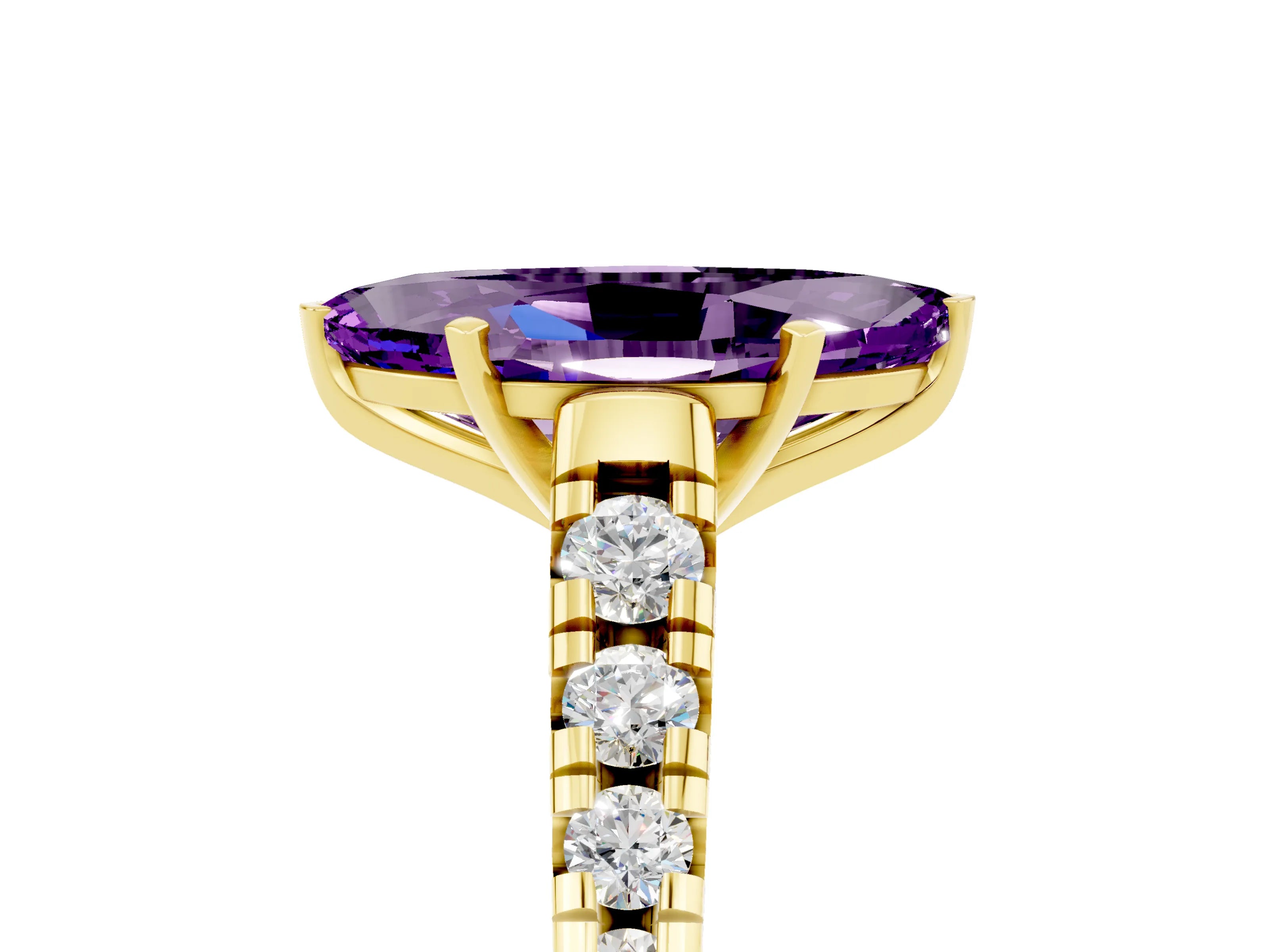 Yellow gold Marquise Cut Amethyst Solitaire Ring with Cathedral Setting and Pavé Band_5