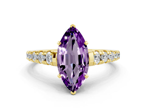 Yellow gold Marquise Cut Amethyst Solitaire Ring with Cathedral Setting and Pavé Band