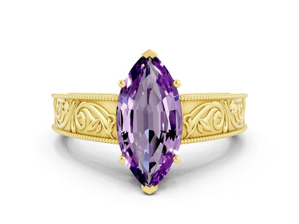 Yellow gold Marquise Cut Amethyst Solitaire Ring with Engraved Band and Four-Prong Setting