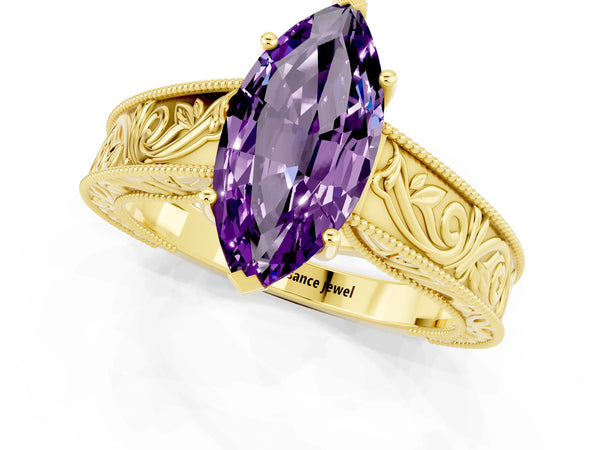Yellow gold Marquise Cut Amethyst Solitaire Ring with Engraved Band and Four-Prong Setting
