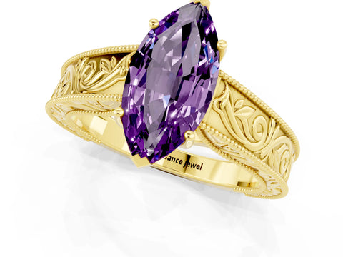 Yellow gold Marquise Cut Amethyst Solitaire Ring with Engraved Band and Four-Prong Setting_1