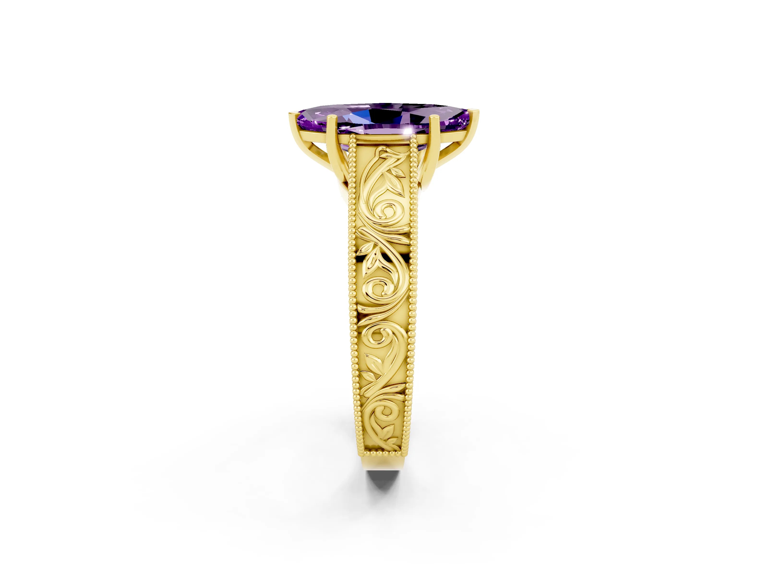 Yellow gold Marquise Cut Amethyst Solitaire Ring with Engraved Band and Four-Prong Setting_2