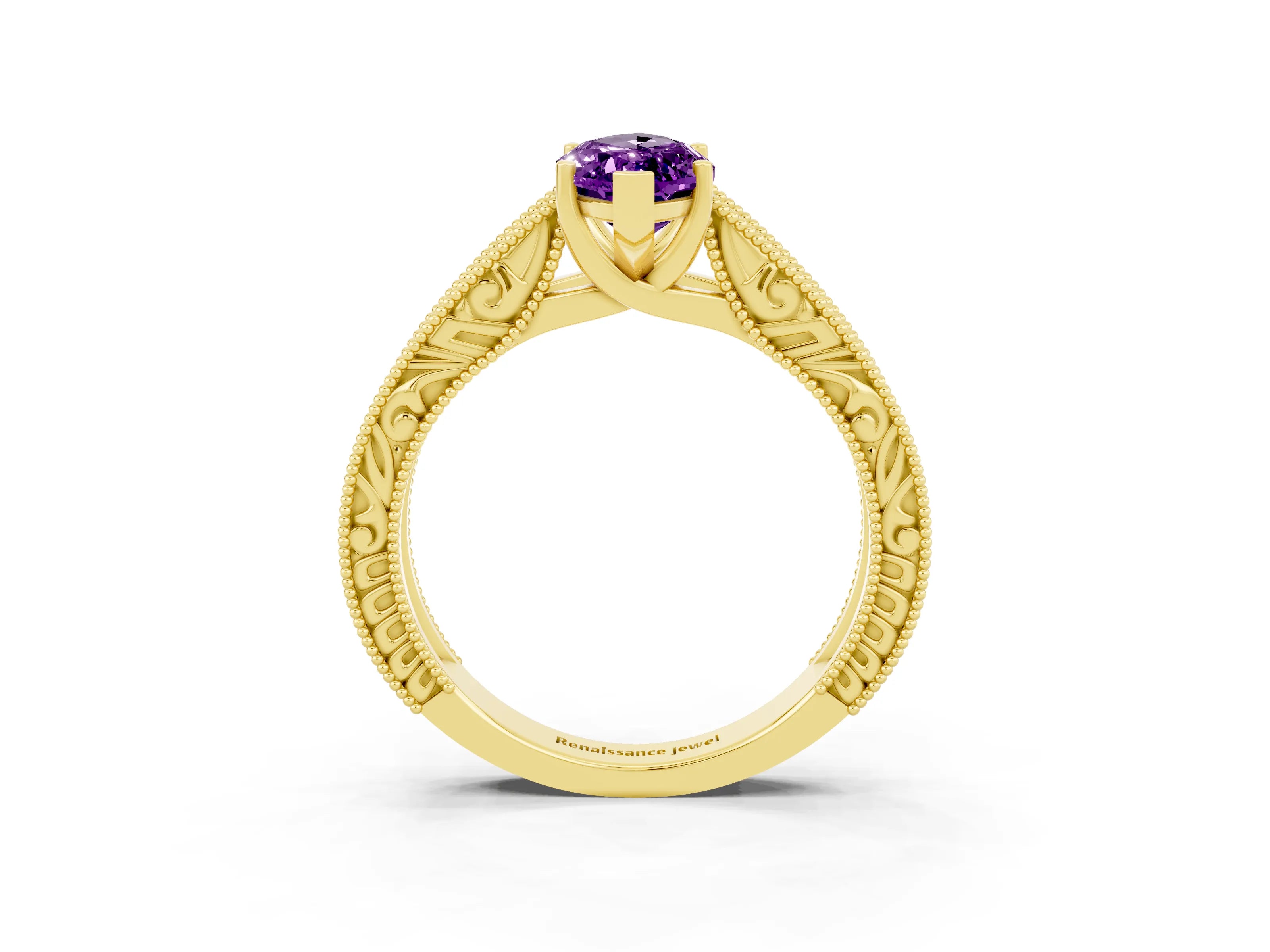 Yellow gold Marquise Cut Amethyst Solitaire Ring with Engraved Band and Four-Prong Setting_3