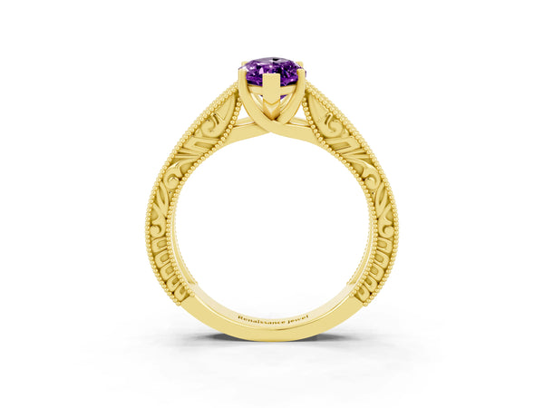 Yellow gold Marquise Cut Amethyst Solitaire Ring with Engraved Band and Four-Prong Setting