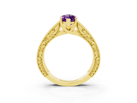 Yellow gold Marquise Cut Amethyst Solitaire Ring with Engraved Band and Four-Prong Setting_3
