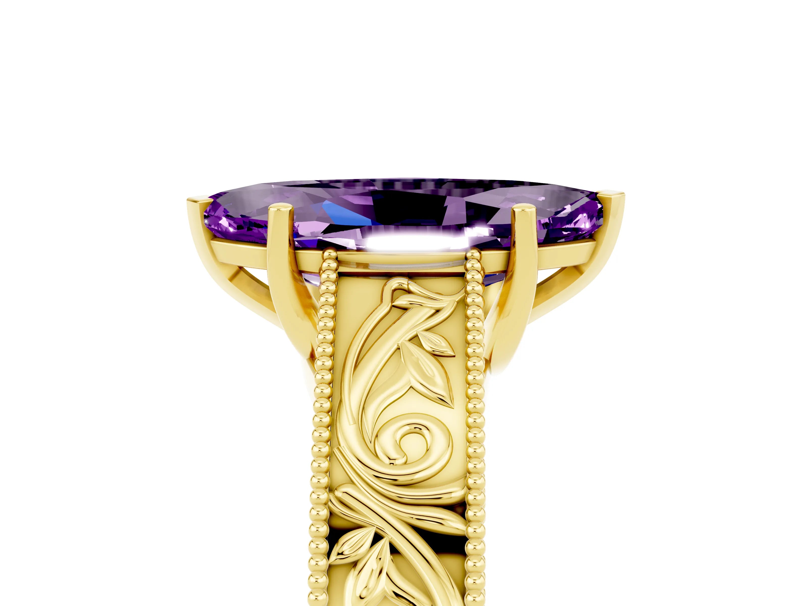 Yellow gold Marquise Cut Amethyst Solitaire Ring with Engraved Band and Four-Prong Setting_5