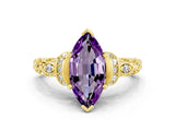 Yellow gold Marquise Cut Amethyst Solitaire Ring with Filigree Band and Four-Prong Setting_24
