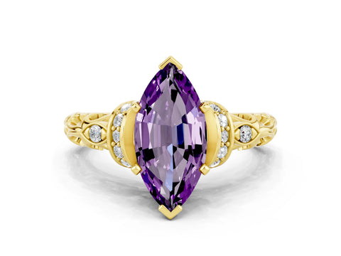 Yellow gold Marquise Cut Amethyst Solitaire Ring with Filigree Band and Four-Prong Setting_24
