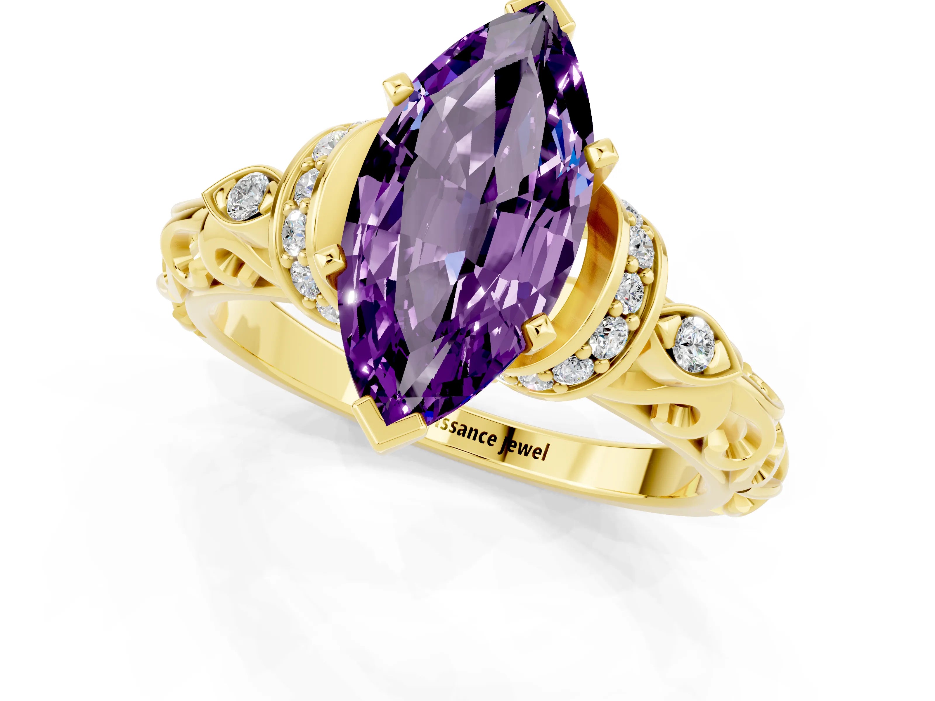 Yellow gold Marquise Cut Amethyst Solitaire Ring with Filigree Band and Four-Prong Setting_25