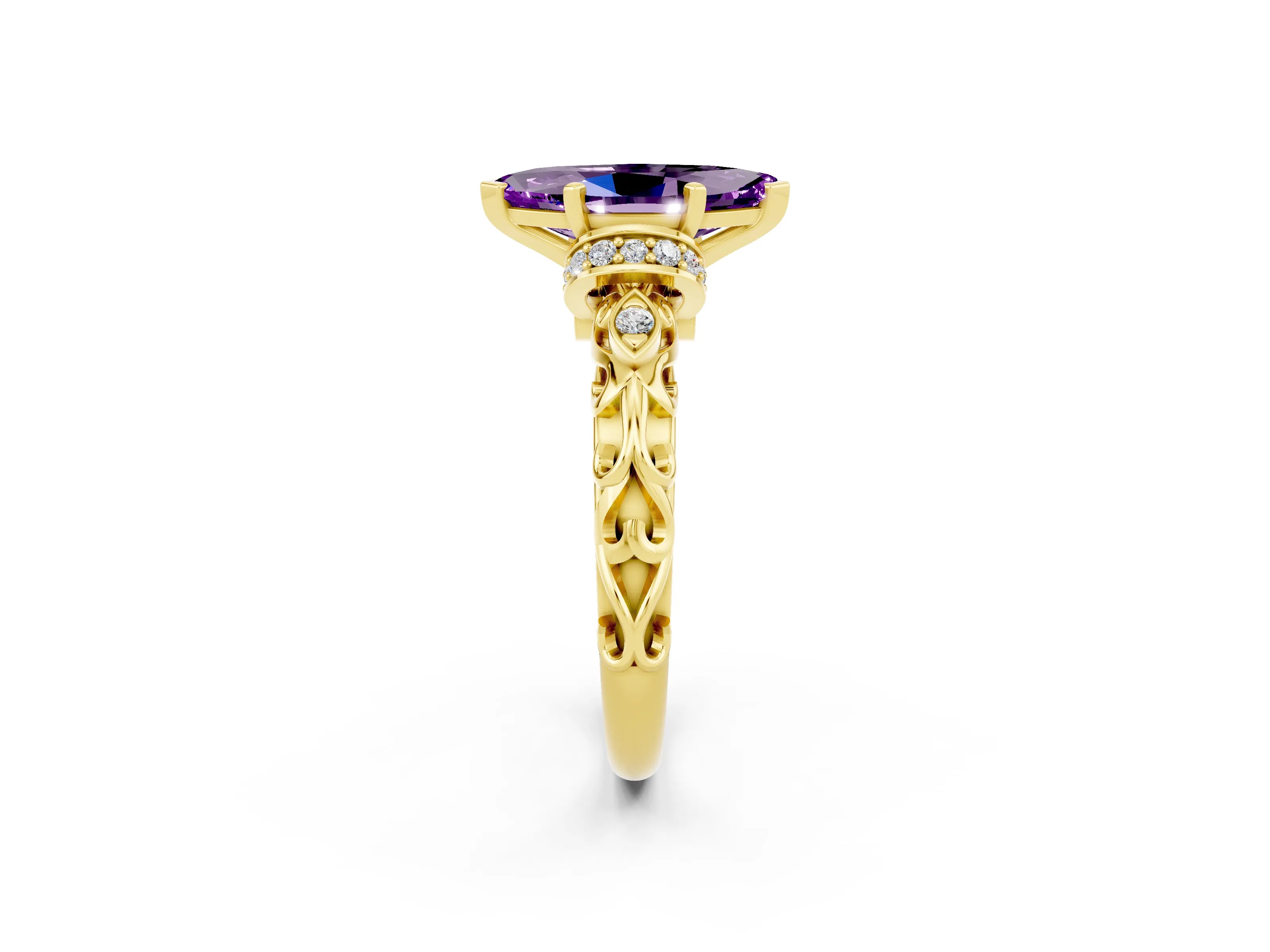 Yellow gold Marquise Cut Amethyst Solitaire Ring with Filigree Band and Four-Prong Setting_26