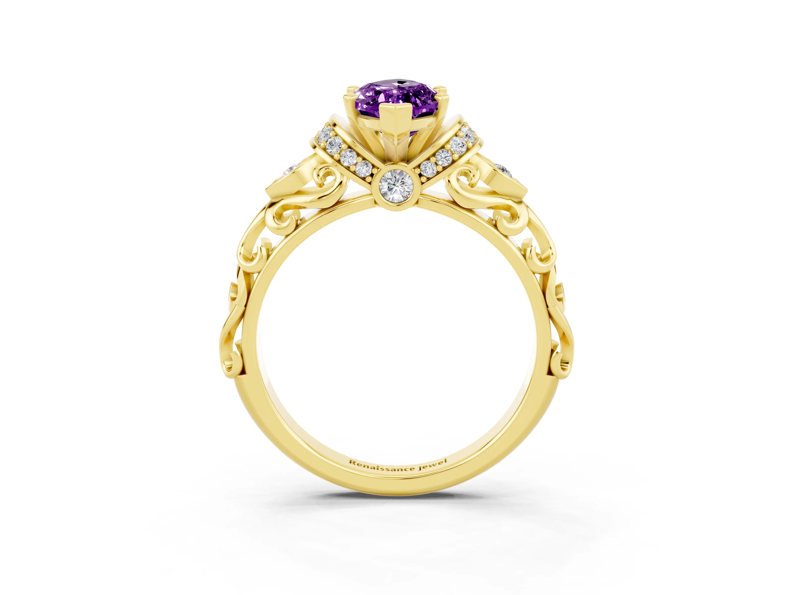 Yellow gold Marquise Cut Amethyst Solitaire Ring with Filigree Band and Four-Prong Setting_27