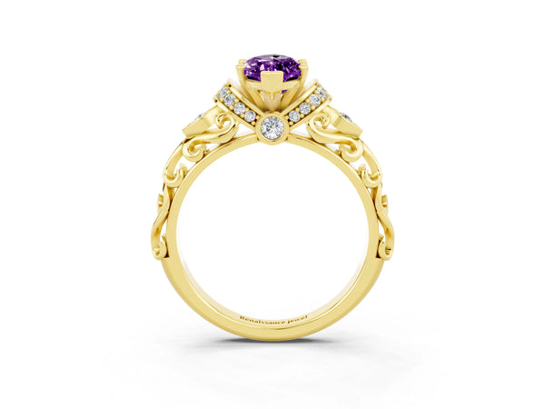 Yellow gold Marquise Cut Amethyst Solitaire Ring with Filigree Band and Four-Prong Setting
