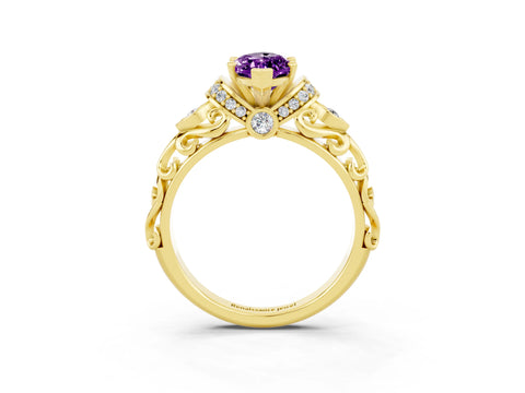 Yellow gold Marquise Cut Amethyst Solitaire Ring with Filigree Band and Four-Prong Setting_27