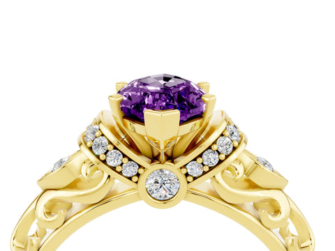 Yellow gold Marquise Cut Amethyst Solitaire Ring with Filigree Band and Four-Prong Setting_28