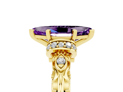 Yellow gold Marquise Cut Amethyst Solitaire Ring with Filigree Band and Four-Prong Setting_29