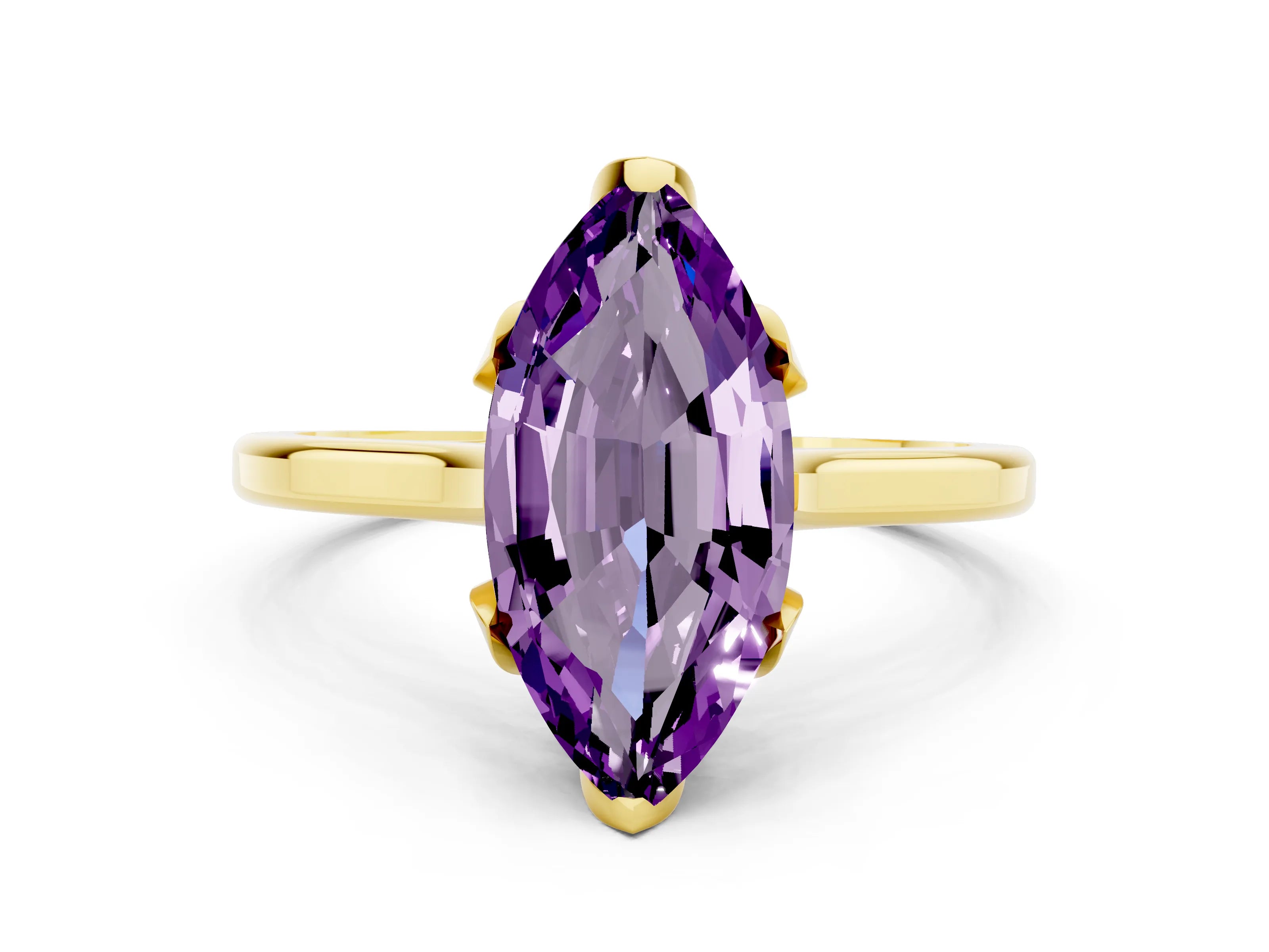 Yellow gold Marquise Cut Amethyst Solitaire Ring with Flower Prong Setting and Classic Band_12