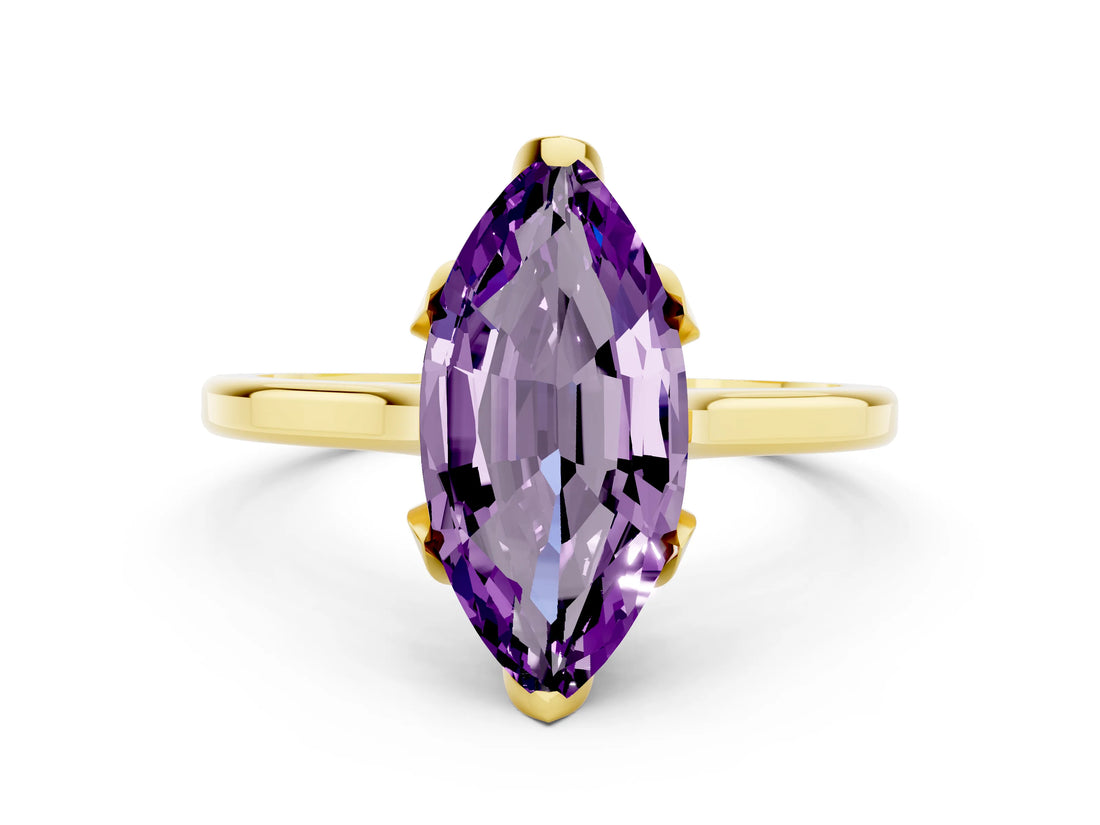 Yellow gold Marquise Cut Amethyst Solitaire Ring with Flower Prong Setting and Classic Band_12