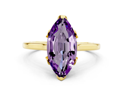 Yellow gold Marquise Cut Amethyst Solitaire Ring with Flower Prong Setting and Classic Band_12