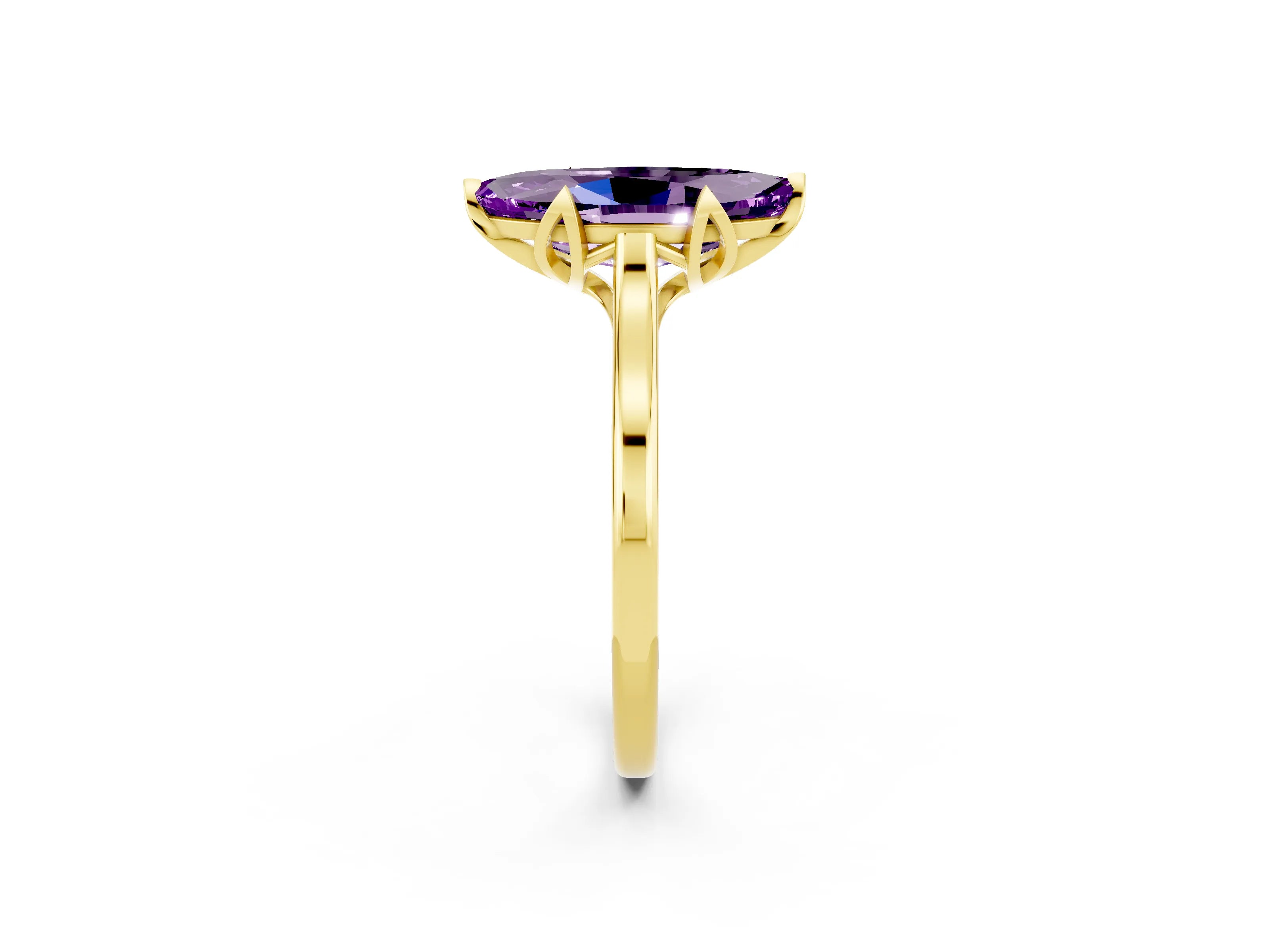 Yellow gold Marquise Cut Amethyst Solitaire Ring with Flower Prong Setting and Classic Band_14