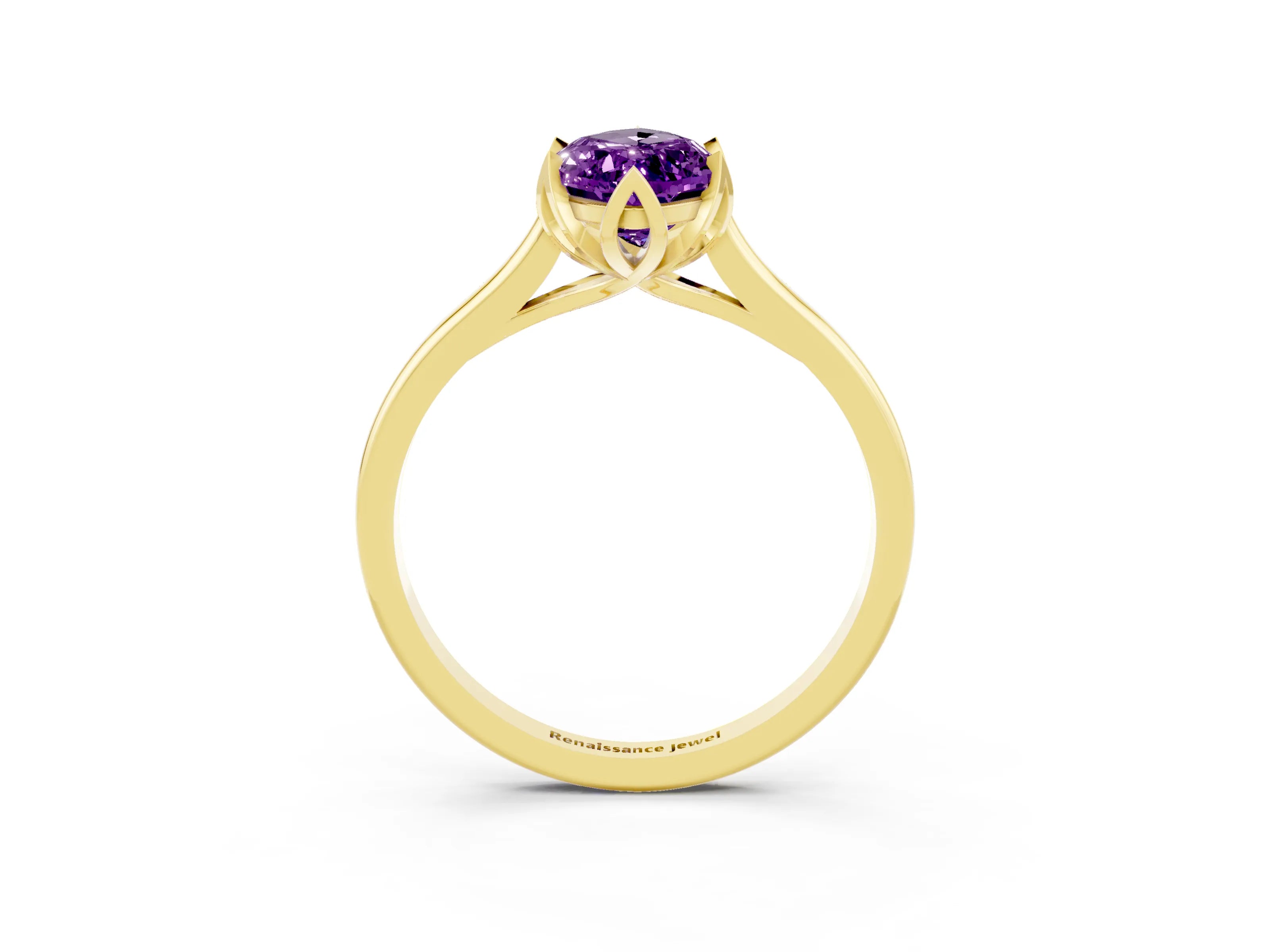 Yellow gold Marquise Cut Amethyst Solitaire Ring with Flower Prong Setting and Classic Band_15